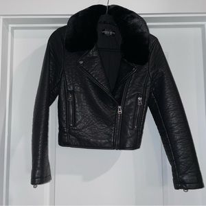 Topshop Petite Faux Leather Jacket w/ Removable Faux Fur Collar